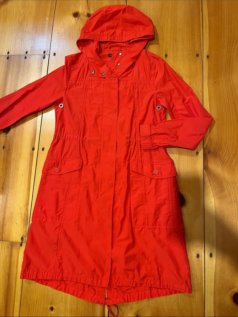 EILEEN FISHER XS Red Long Fit Rain Shell Jacket Coat Hooded